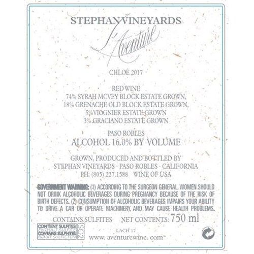 L'Aventure - Chloe - Stephan Vineyards - Paso Robles 2017