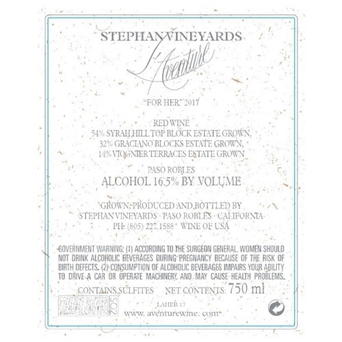 L'Aventure - For Her - Stephan Vineyards - Paso Robles 2017