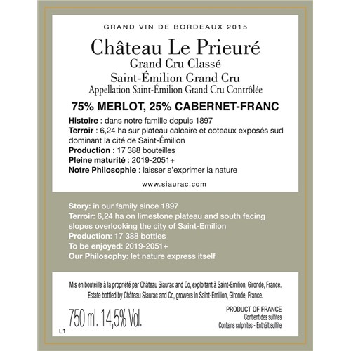 Château Le Prieuré 2015 - Saint-Emilion Grand Cru 4df5d4d9d819b397555d03cedf085f48 
