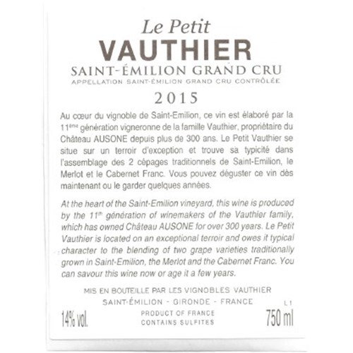 Le Petit Vauthier - Saint-Emilion Grand Cru 2015