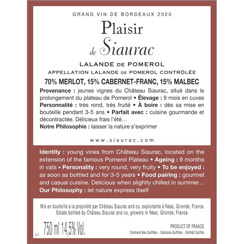 Plaisir de Siaurac - Lalande de Pomerol 2020